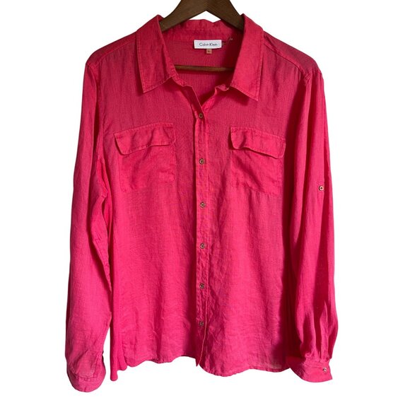 Calvin Klein Pink Linen Button Front Collared Size XL Blouse Top Roll Tab Sleeve - Picture 2 of 7
